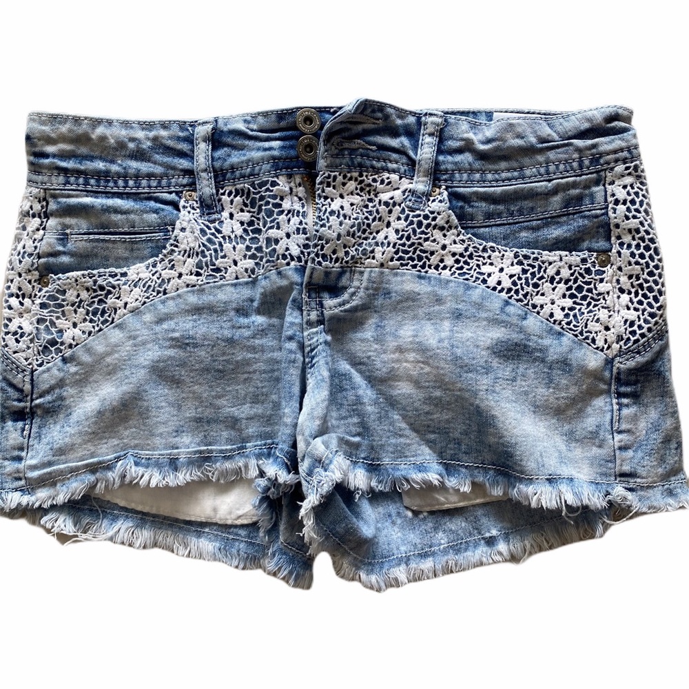 l.e.i Distressed White Lace Jean Shorts